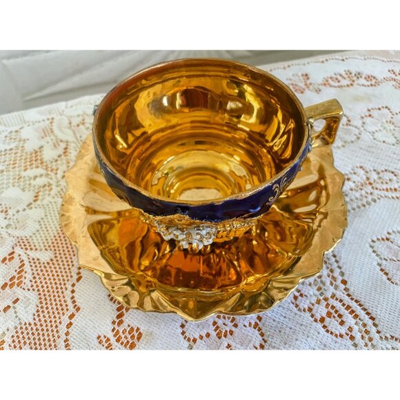 Antique German Porcelain Teacup Saucer Heavy Gold Cobalt Blue 3D Flower - Picture 16 of 16